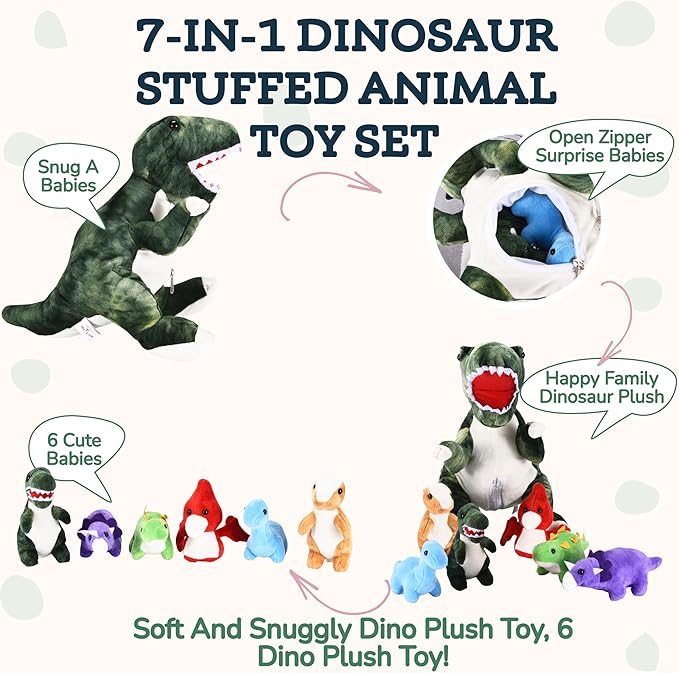 Dinosaur Stuffed Animal – Soft and Snuggly Dino Plush Toy Set – Includes 1 Large Dinosaur Plush with 6 Baby Dino Plushies – Super Soft, Skin-Friendly, and Non-Fade Cuddly Stuffed Animals