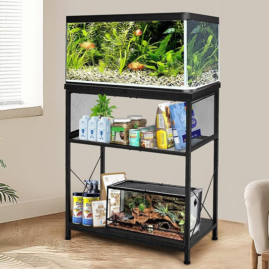 LALA IKAI Fish Tank Stand, 10-20 Gallon Metal Aquarium Stand Table with 2 Tiers Storage Shelf, 4-Leg Reptile Tank Stand, Black