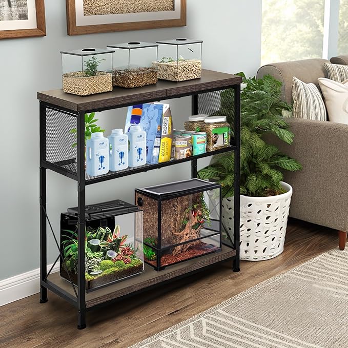 LALA IKAI Fish Tank Stand for 10-20 Gallon Aquariums Heavy Duty Adjustable Height Double Tier Steel Structure Sturdy Design Reptile Cage or Tank Storage Cabinet, Black