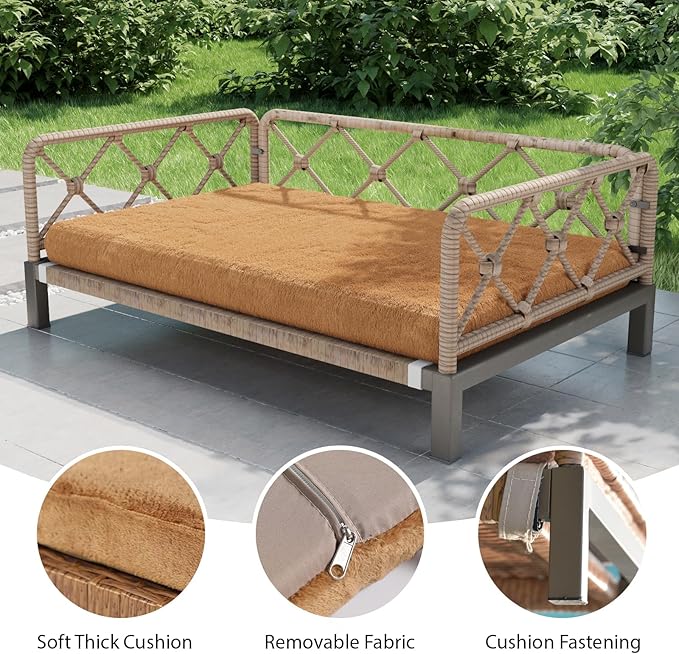 Outdoor Wicker Dog Bed Indoor Rattan Dogs Sofa with Soft Cushion, Dog Couch & Furniture, Pet Bed with Crate Pad(Brown Wicker and Cushion, Large and Medium)