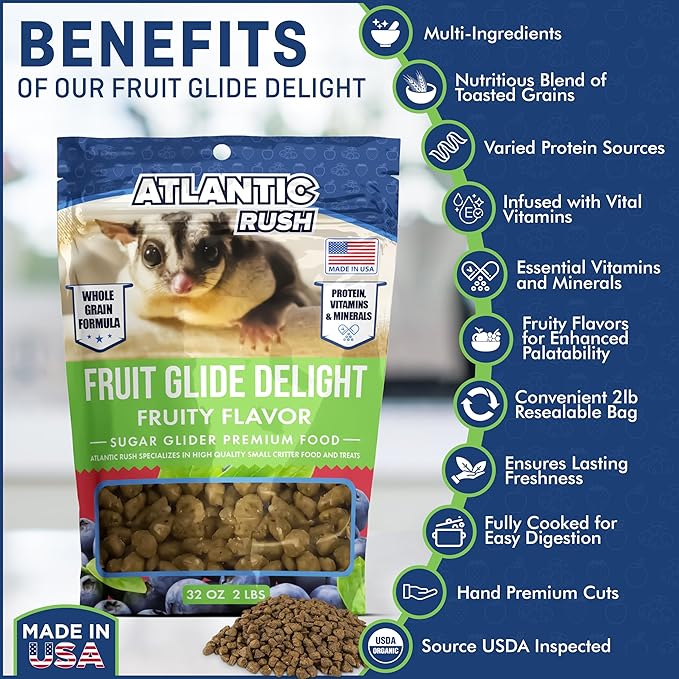 Atlantic Rush Fruit Glide Delight Sugar Glider Food - 2lb Resealable Bag of Food for Sugar Gliders - Sourced and Made in USA - Sugar Glider Supplies - Sugar Glider Stuff - Sugar Glider Treats