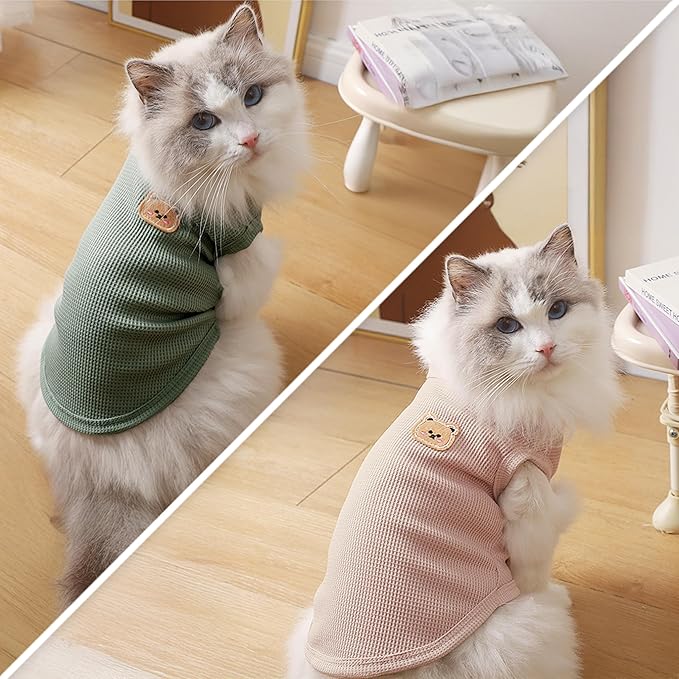 2Pack Shirts for Cat, Small & Medium Dog Clothes, Waffle-Knit Puppy Shirts, Lightweight, Breathable, Stretchy Pet Clothes, Sleeveless Tee Shirt Gift for Cats & Dogs (Green&Pink, Medium)