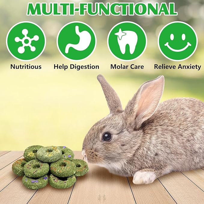 Fhiny Rabbit Chew Toys, 12 PCS Natural Timothy Hay & Flowers Biscuit Guinea Pig Chew Snacks for Teeth Handmade Small Animal Molar Treats for Bunny Guinea Pig Chinchilla Hamster Gerbil Dental Care