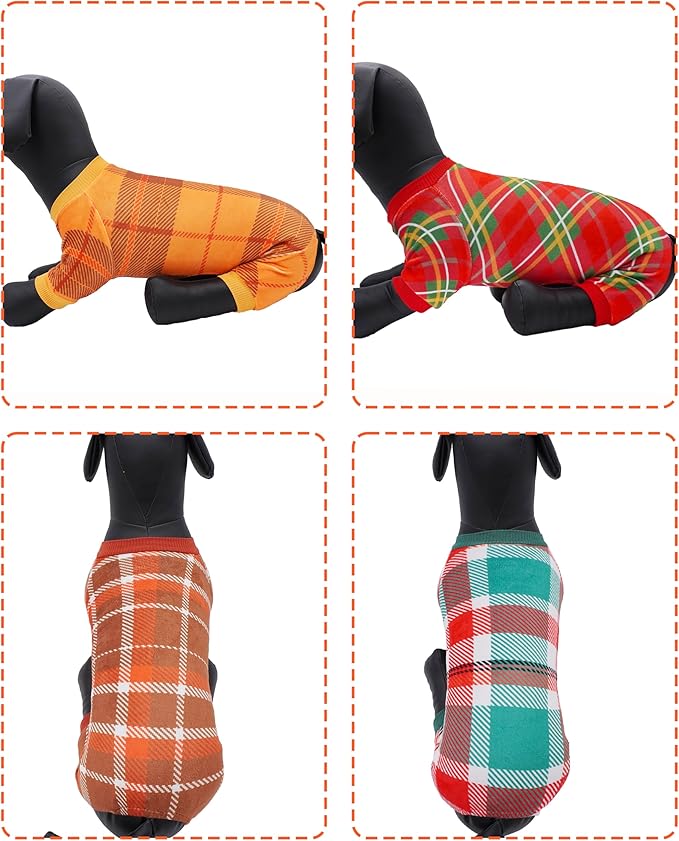 PET SHOW 4 Pack Small Dog Pajamas Holiday Dog Clothes Doggies Girl Boy Soft Stretchy PJs Plaid Jumpsuit Puppy Cats Fall Onesies Christmas Outfits with Sleeve Pets Dachshund Costume(S, Plaid)