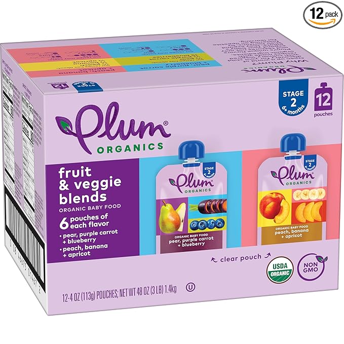 Plum Organics Stage 2 Organic Baby Food - Variety Pack - 4 oz Pouch (Pack of 12) - Fruit and Veggie Baby Food Pouch