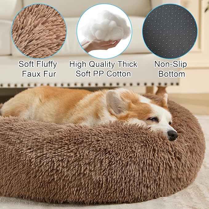 Dog Calming Beds for Small Medium Large Dogs - Round Donut Washable Puppy Dog Bed, Anti-Slip Faux Fur Fluffy Donut Cuddle Anxiety Cat Pet Bed(20'' Khaki