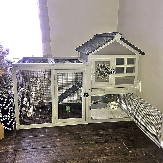 Aivituvin Rabbit Hutch Indoor Outdoor 51.6''L Chicken Coop Bunny Cage with Run,Guinea Pig House Pull Out Upper Tray (51.6" L x 25.2" W x 36.2" H, Grey-1 Set)