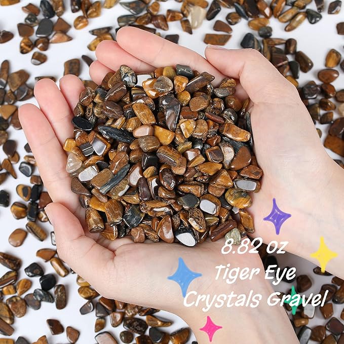 QINJIEJIE250g Tiger Eye Crystals Polished Rocks Tumbled Stones Chips Stone Crushed Quartz Crystal Natural Gem Gravel Home Decoration Succulent Plants Vase Filler Landscape Bottom Ornament 0.6lbs