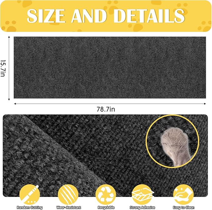 Self-Adhesive Cat Scratch Mat Trimmable Cat Scratching Post Carpet 79in Durable Carpet Mat Pad Replacement for Cat Tree Shelves Post Couch, Furniture, Walls & Doors DIY Cat Climbing Mat(Dark Gray)