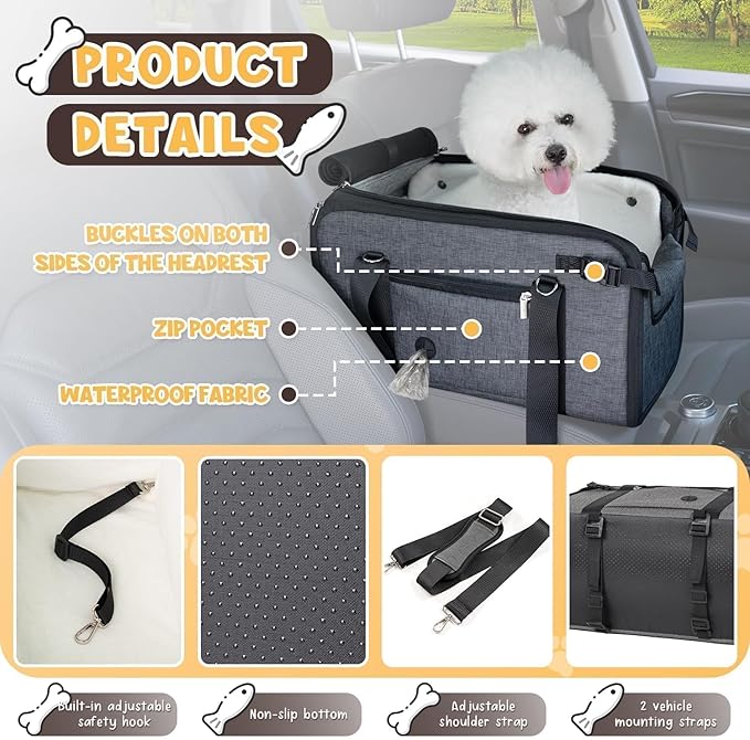 YUDODO 18lbs Dog Car Seat (Width >9in) for Small Dog Large Center Console with Removable Velvet Cushion Luxury Puppy Cat Travel Portable Booster Seat Anti-Slip Pet Car Bed Carseat PU Leather Gray