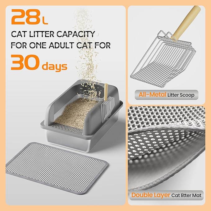 Stainless Steel Cat Litter Box with Lid, Cat Metal Litter Box with High Sides, 24"L x 16"W x 12"H, Extra Large Enclosed Litter Pan, Grey, 2PC (Non-Sticky, Easy to Clean, Anti-Urine Leakage)