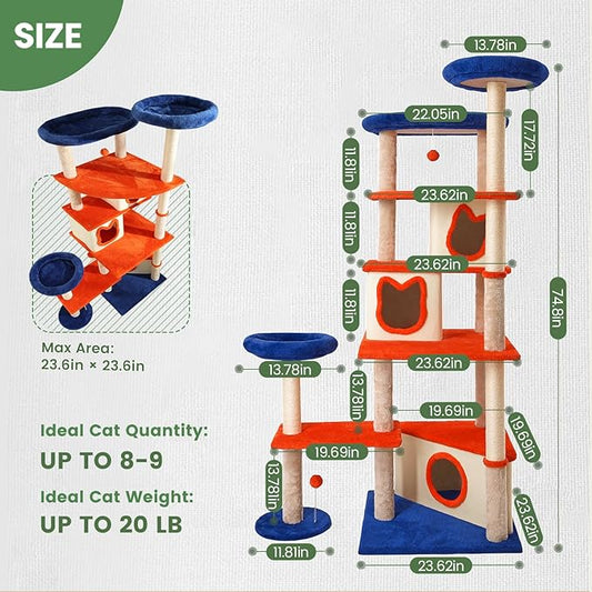 74IN Cat Tree Tower for Indoor Cats, Multi-Level Cat Condo with 3 Houses, Sisal Scratching Posts, Plush Perches, Jump Platforms and Hanging Ball Toy, Cat Furniture for Multi-Cat Family