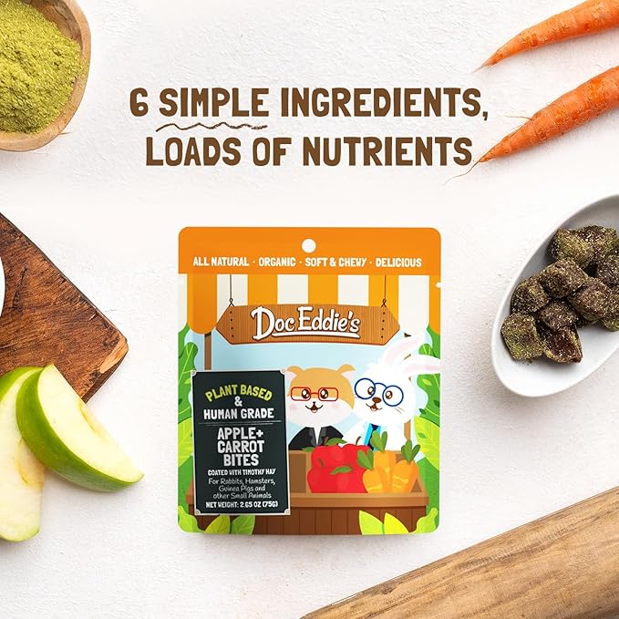 Doc Eddie’s Apples+Carrots Small Animal Soft & Chewy Treats or Snack for Hamster, Rabbit, Chinchilla, Bunny, Gerbil, Mouse, Rat, Hedgehog, or Squirrel - 2.65oz - Made w/Real Fruit, Organic Ingredients