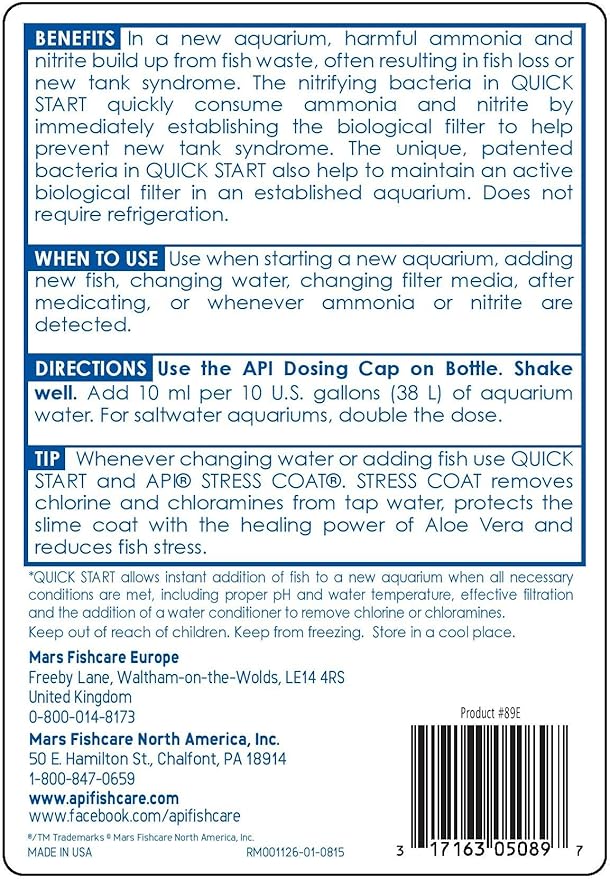 API QUICK START Freshwater and Saltwater Aquarium Nitrifying Bacteria and API TAP WATER CONDITIONER Aquarium Water Conditioner Bundle