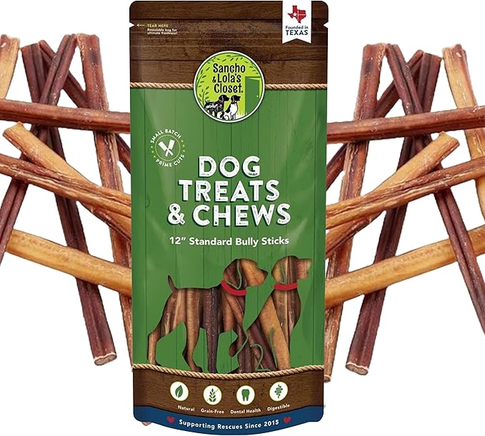 Supreme 12-inch Standard Bully Sticks by Sancho and Lola’s (5 Pack) All-Natural, Long-Lasting Dog Chew Treats - Free-Range, Grass-Fed Beef - Low Odor