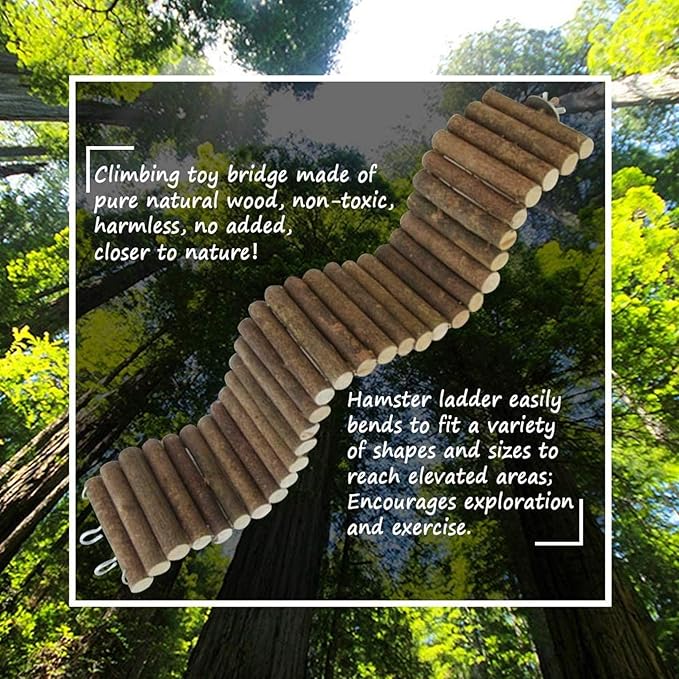 2PCS Rat Bendy Long Suspension Bridges, Hamster Bridge Wooden Ladder Bendable Flexible Tunnel Natural Climbing Ladder Chews Toys for Rodents Mouse Dwarf Hamster（15.7×3.9''+7.9×3.9'' Brown）