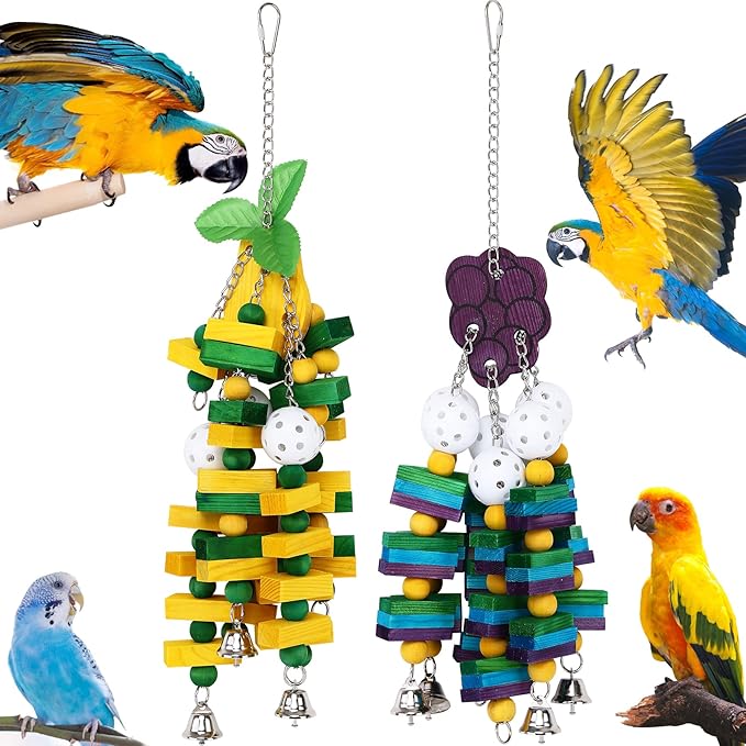 2-Pack Natural Wood Bird Toys for Parrots – Chew & Climb Toys for Medium to Large Parrots, Macaws, African Greys & Cockatoos – Durable Enrichment Toys for Beak Exercise & Mental Stimulation