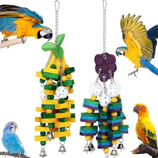 2-Pack Natural Wood Bird Toys for Parrots – Chew & Climb Toys for Medium to Large Parrots, Macaws, African Greys & Cockatoos – Durable Enrichment Toys for Beak Exercise & Mental Stimulation