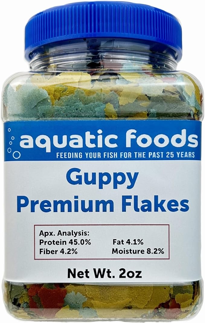 Aquatic Foods Inc. Guppy & Endler Guppy Premium 5-Type Flake Mix for Guppies, Endlers, Tetras, All Tropicals. Aquatic Foods Premium Guppy Flakes…2oz Small Jar