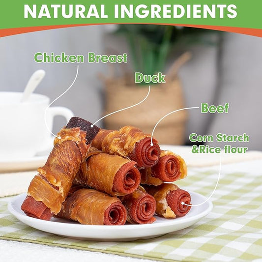 MON2SUN Rawhide Free Dog Treats, 3 Inch Triple Flavor Chicken Wrapped Duck and Beef Rolls for Small Dogs, Healthy Snacks, 21.16oz