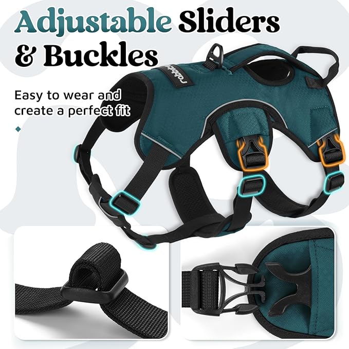 rabbitgoo Escape Proof Dog Harness, Soft Padded Full Body Pet Harness, Reflective Adjustable No Pull Vest with Lift Handle and Leash Clip for Large Dogs Walking Hiking Training, Dark Green, L