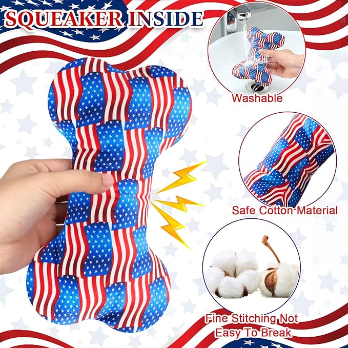 6 Pcs 4th of July Dog Toys Patriotic Day Puppy Tennis Balls and Squeaky Bone Plush Red White and Blue Pet Toys for Small Medium Large Dog Plush Chew Training Toss Balls Gift
