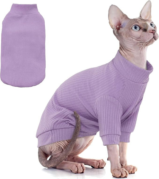 PUMYPOREITY Stretchy Cat Shirt, Sweater With Sleeves, Soft Clothes for Sphynx Hairless Cats, Devon Rex - Purple, L