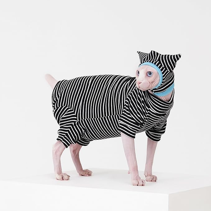 Sphynx Cat Clothes Black Stripe Breathable Shirts Suit, Pet Hat and Shirt Set (XX-Large)