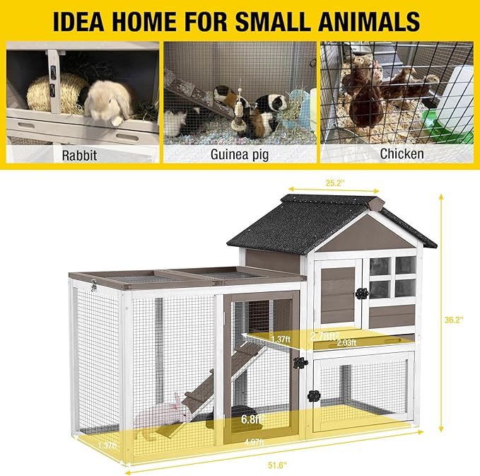 Aivituvin 51.6''L Rabbit Hutch Outdoor Chicken Coop Indoor Bunny Cage with Run,Guinea Pig House Pull Out Upper Tray (51.6" L x 25.2" W x 36.2" H, Brown-1 Set)