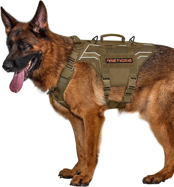 OneTigris Tactical Dog Harness for Large Dogs, Adjustable Tactical Dog Harness with Handles, Reflective Vest Heavy Duty & Breathable Military Assistance Vest with No Pull Buckle, Brown