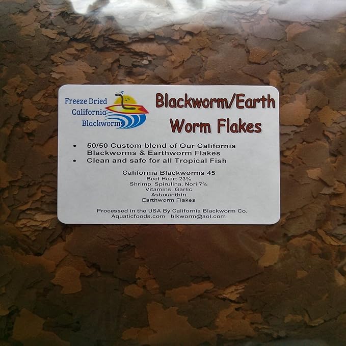 Aquatic Foods Inc. Flakes - 45% California Blackworm & Earthworm Flake Mix for Discus, Cichlids, Tetras, Guppies, Live Bearers, All Community Tropical Fish - Premium AF Flakes - 1-lbs