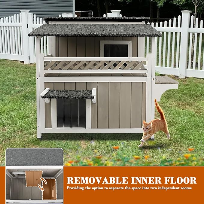 Outdoor Cat House Weatherproof Cats Shelter for Feral Kitten Pet Houses for 1-2 Small Animlas 2 Story Wooden Houses for Indoor Outdoor Cats with Escape Doors (29" L x 30" W x 31.5" H Grey)