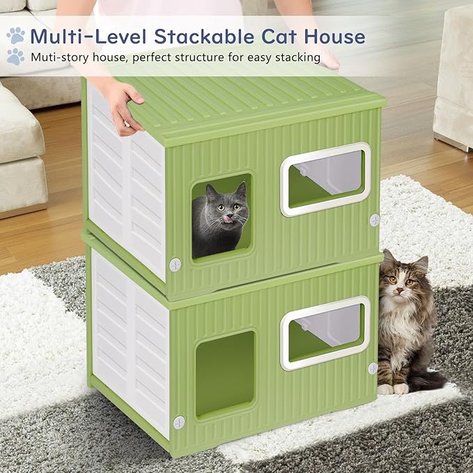 Plastic Cat House for Outdoor Indoor Use, Stackable Feral Cat Shelter Indoor Cat House Weatherproof Waterproof Elevated, with 2-Sided Cushion (Green White)
