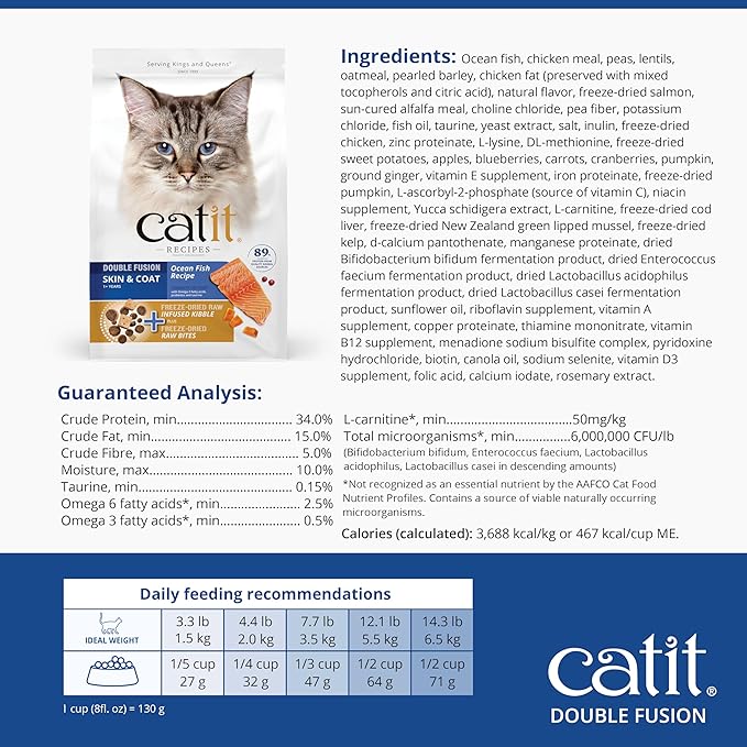 Catit Recipes Double Fusion Skin & Coat Cat Food – Ocean Fish Recipe, High-Protein, Freeze-Dried Raw Toppings, Omega-Rich for Healthy Skin & Fur, No by-Products, Minimally Processed, 4 lb