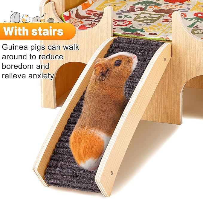 Large Wooden Guinea Pig Hideout - 2 Tierd Sturdy Guinea Pig House Castle, Small Animal Bed with Stairs, Easy to Install for Hamsters Chinchillas Bunny Playing Hiding