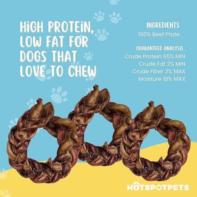 hotspot pets Braided Bully Stick Rings for Dogs -(6 Pack) Premium All Natural Long Twisted Beef Pizzle Dog Chew Treats - Grain Free Fully Digestible Rawhide Alternative Bones