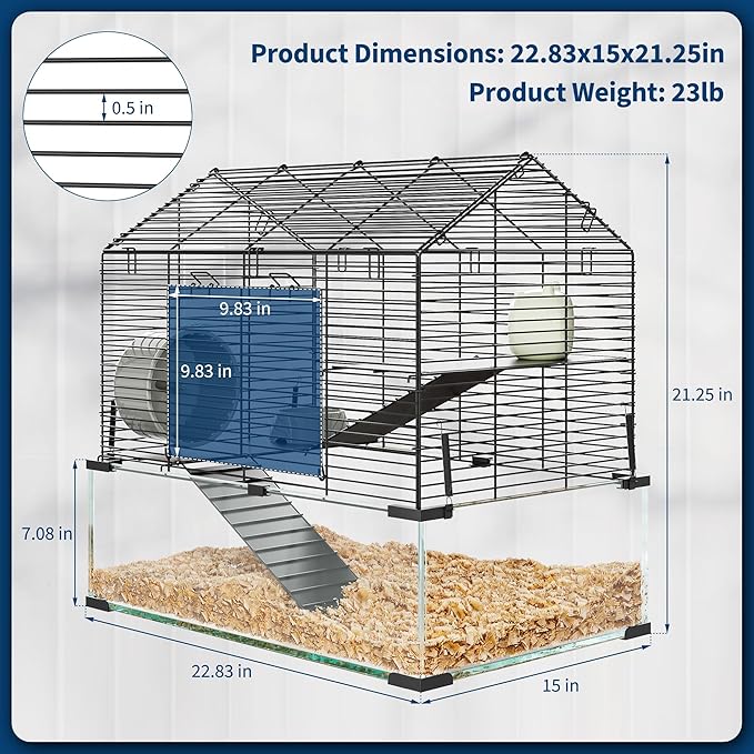 3 Tiers Large Hamster Cage - Metal Enclosure & Glass Mouse Cage with Ceramic Hideout, Running Wheel, Water Bottle & Feeding Bowl, Small Animal Habitat for Rodent Hamsters Rat Mouse Gerbil Mice