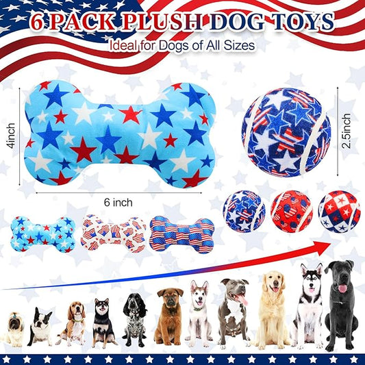6 Pcs 4th of July Dog Toys Patriotic Day Puppy Tennis Balls and Squeaky Bone Plush Red White and Blue Pet Toys for Small Medium Large Dog Plush Chew Training Toss Balls Gift
