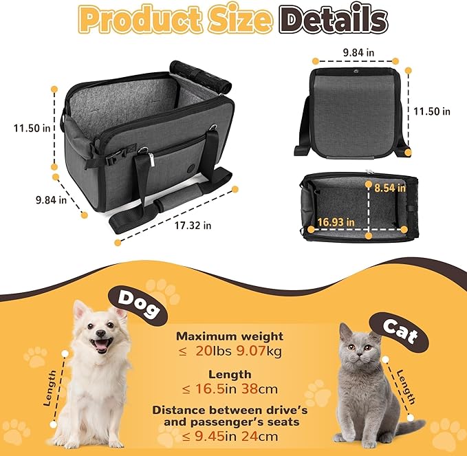 YUDODO Large Dog Car Seat for Center Console (Width＞9.5in) Fits 10-20lbs, Anti-Slip Puppy Cat Travel Portable Booster Seat, Luxury Pet Car Bed Carseat PU Leather Gray