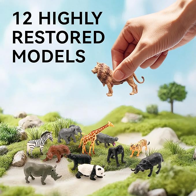 Dotimo Mini Zoo Animals Toys for Kids, 12 Sets of Realistic Wild Animal Figures with 3D Introduction Flash Cards, Montessori Toys, Science Educational Matching Game for Preschool & Toddler 3-5