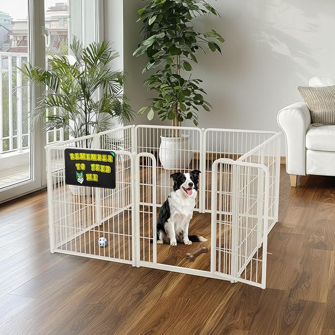 FXW Homeplus Unleashed Indoor Dog Playpen - Stress-Free and Safe Play, Heavy Duty 32 Inch 8 Panels with Magnetic Hook & Loop Patch Board for Small and Medium Dogs, White│Patented