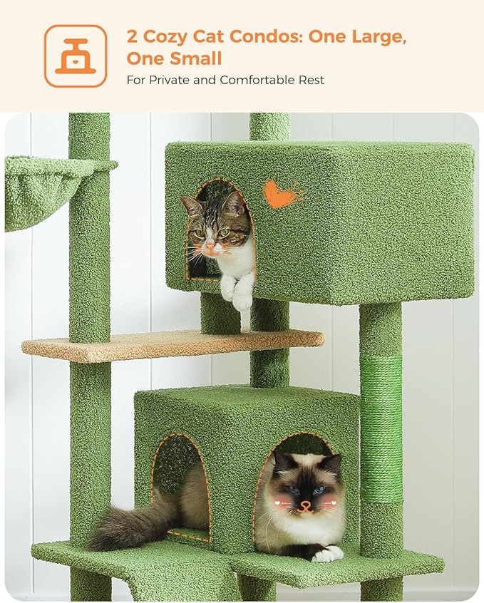 Cactus Cat Tree for Adult Cats with Super Large Top Perch, 56.3" Cat Tower for Cats with Plush Hammock, Dangling Pompom, Cat Scratching Posts and 2 Condos, Green House
