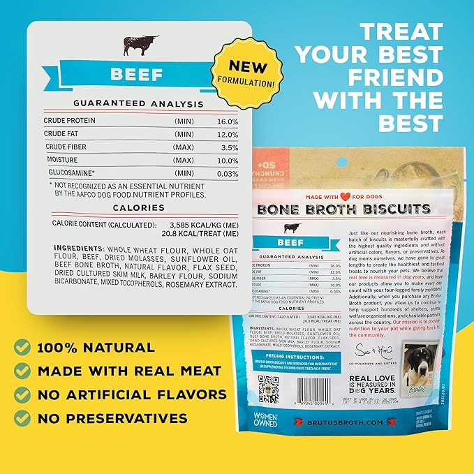 Brutus Bone Broth Biscuits (Beef) - Healthy Dog Treats - Natural Dog Biscuits with Bone Broth and Real Beef for Healthy Joints - 18 Grams of Protein - 8 OZ (Pack of 2)