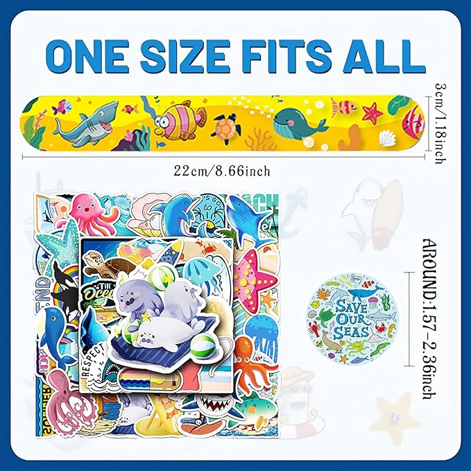 74PCS Ocean Sea Animals Party Favor 50PCS Snap Party Stickers&24PCS Slap Bracelets Under the Sea Animals Birthday Supplies Team Gift Fillers School Rewards Supplies