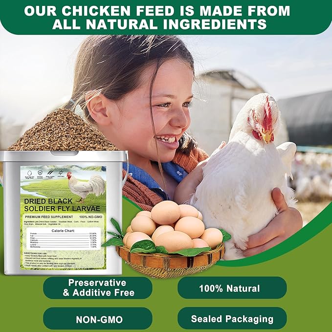 Chicken Feed, 5lb Dried Black Soldier Fly Larvae Pellets for Chickens, Processed Chicken Food for Laying Hens, Organic Chickens Feed with More Protein & Calcium Than Mealworms