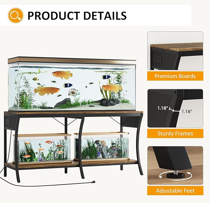 55-90 Gallon Fish Tank Stand with Power Outlets, 2-Tier Aquarium Stand with LED Light Strip & Open Storage Shelves, Heavy Duty Metal Table for Reptile Tank, 1150 LBS Capacity