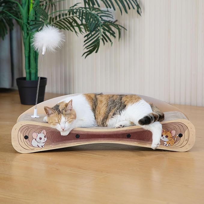 Cat Scratcher Lounge Bed, Reversible 2-in-1 Cardboard Scratching Board, Durable Curved Cat Scratch Pad for Indoor Cats with Toy, Cartoon Pattern