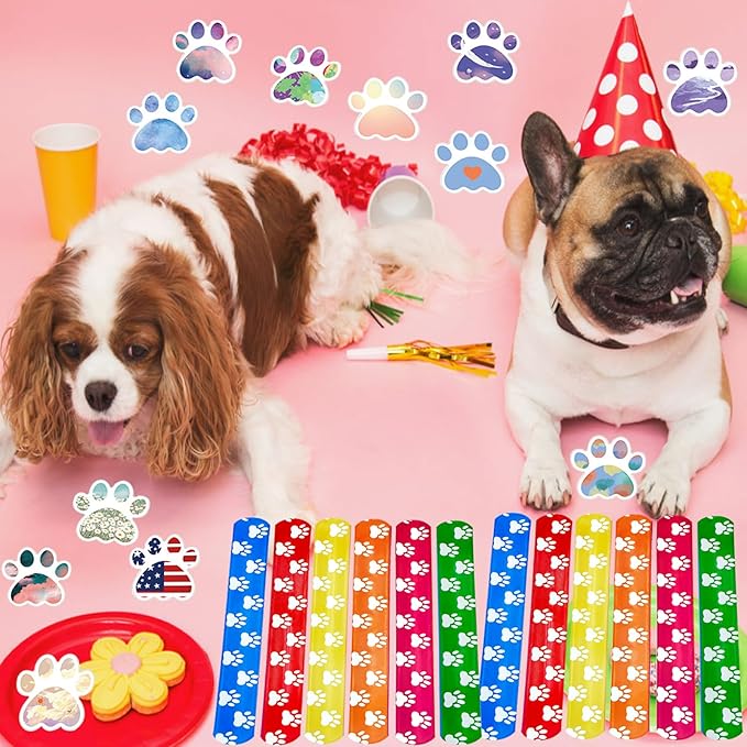 74Pcs Dog Claw ThemeParty Favors Contain 24 Pcs Dog Claw Slap Bracelets 50 Pcs DogClaw Stickers, Birthday Party Decorations,Classroom Rewards Supplies