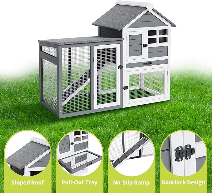 Rabbit Hutch Outdoor, Wooden Chicken Coop, Bunny Cage with Pull Out Tray, Waterproof Run, Poultry Cage for Rabbits, Chickens, Duck, Guinea Pigs