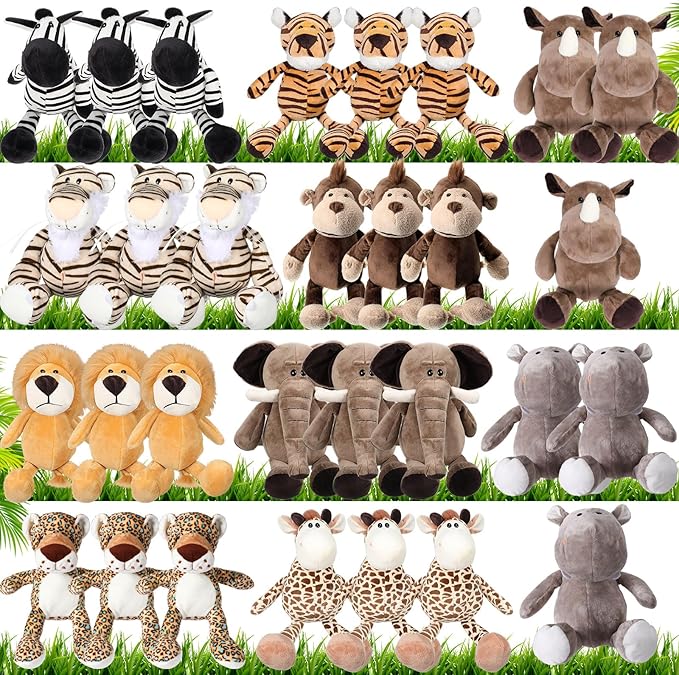 30 Pcs Safari Forest Stuffed Animals Plush Jungle Themed Animals Toys Gift Elephant Giraffe Lion Tiger Monkey Rhinoceros Zebra Tiger Leopard Hippo for Baby Shower Party Favors Decoration